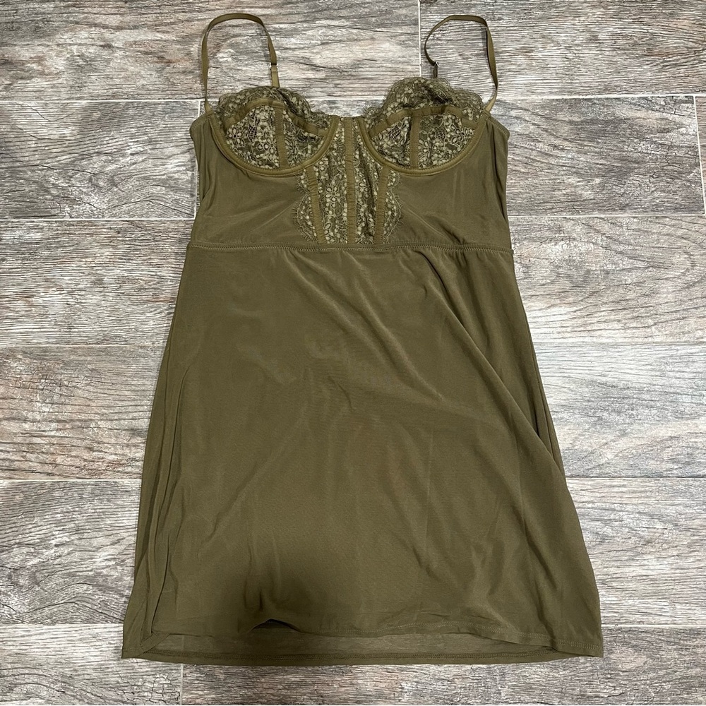 Olive Lace-Trim Slip Dress
